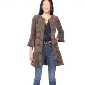 Cabi Flounce Jacket #3902 Tan Brown Navy Tartan Plaid womens sz sm plaid flare